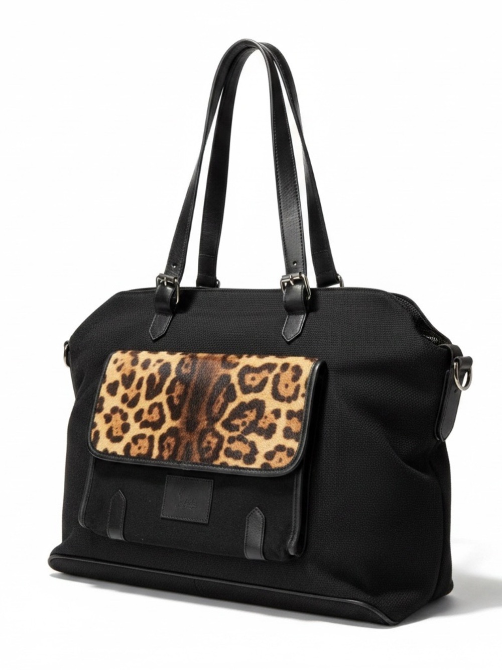 Christian Louboutin ✨ Black Canvas & Leopard Calf Hair "Backstage" Tote Bag